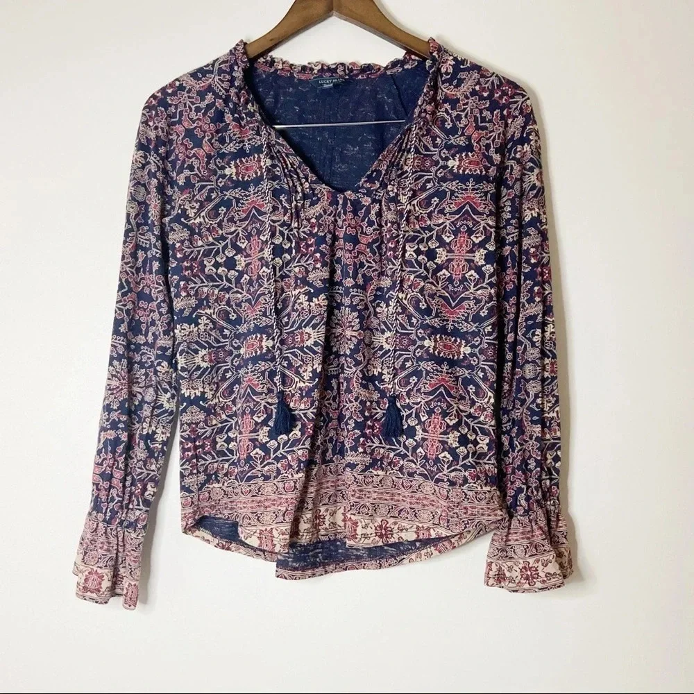 Boho Floral Blouse Ethereal Chic Top Whimsigoth Sleeve Blouse Tie Neck XS - Picture 8 of 8